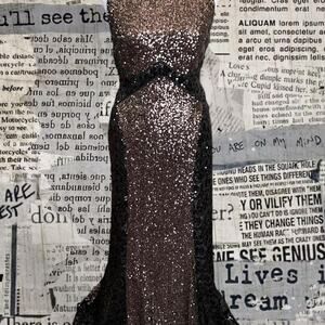 Vintage Badgley Mischka Brown and black sequin maxi dress with a slit Sz 6